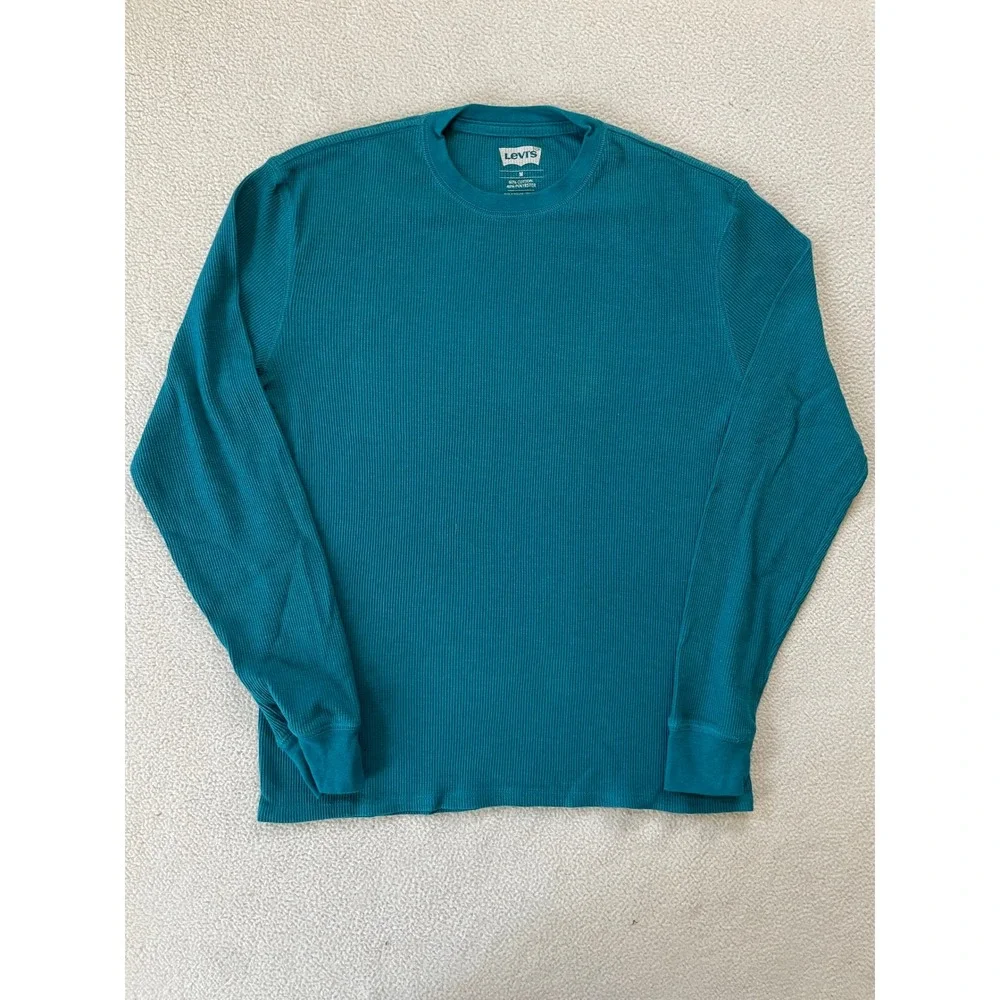 Levis Mens Medium Shirt Teal Waffle Knit Thermal Long Sleeve Crewneck Turquoise